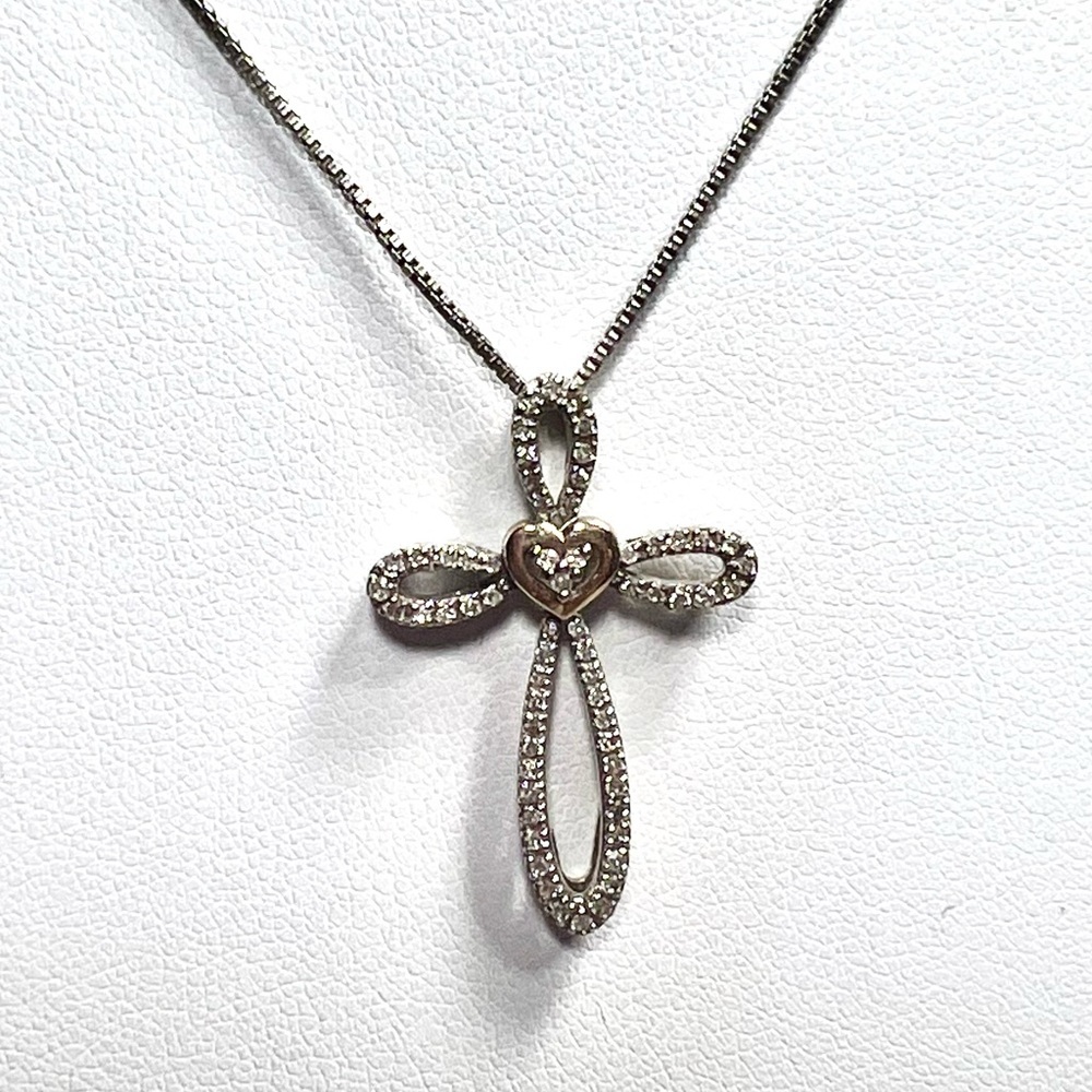 Zales 1/4 CT Solid 925 Sterling & 14k Two Tone heart diamond Cross Necklace
